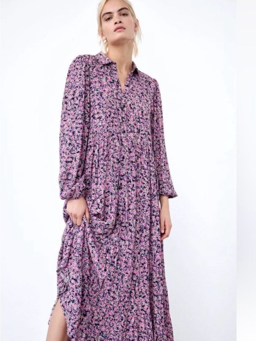 Zara Pink Floral Button-Front Maxi Dress Cottagecore Size XS